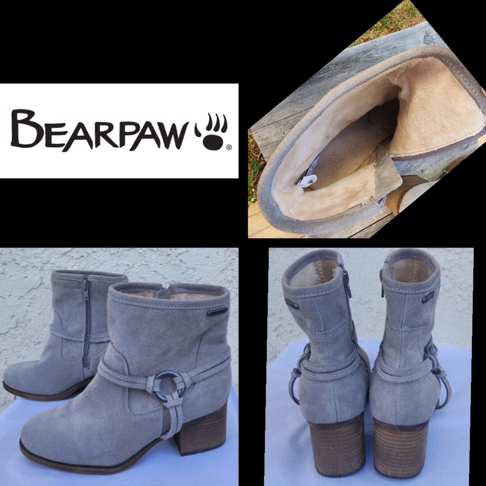 $89.99 BearPaw Grey Suede Harness Ankle Zip Boots Mica Block Heel Fleece Lined 9
